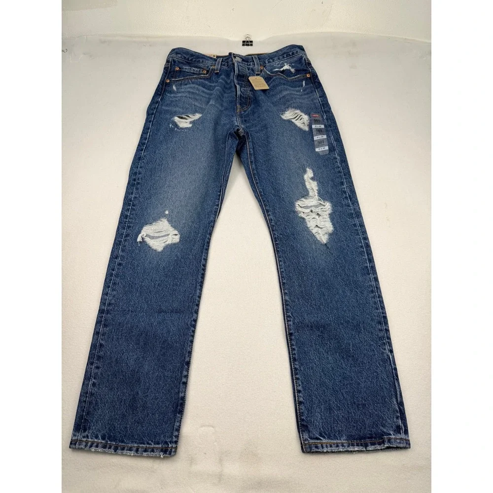 Levis 501 Original Fit Mens 31x30 Blue Distressed Straight Leg Jeans 00501-3249